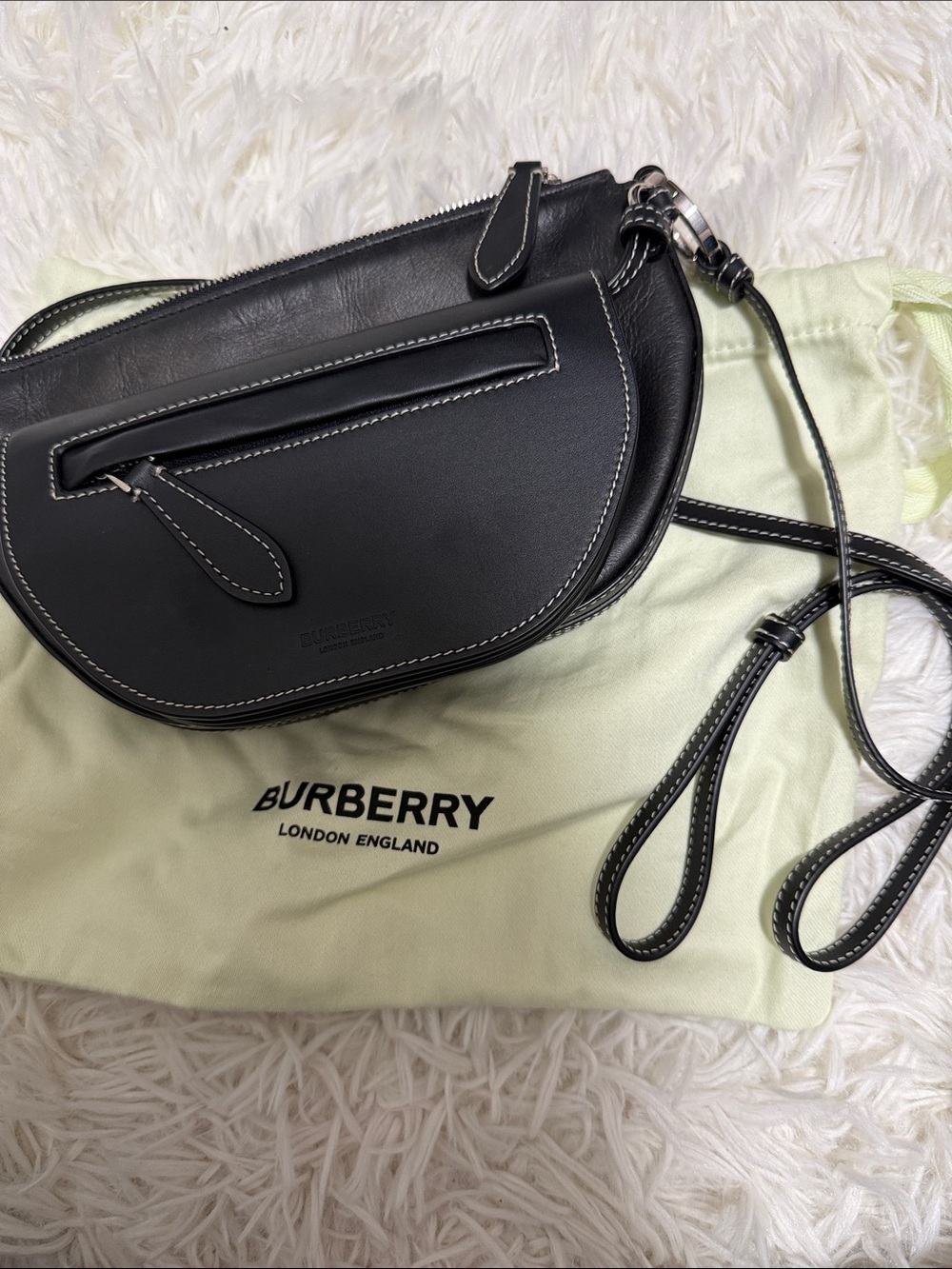 Burberry Black Leather Saddle Crossbody with White Stitching